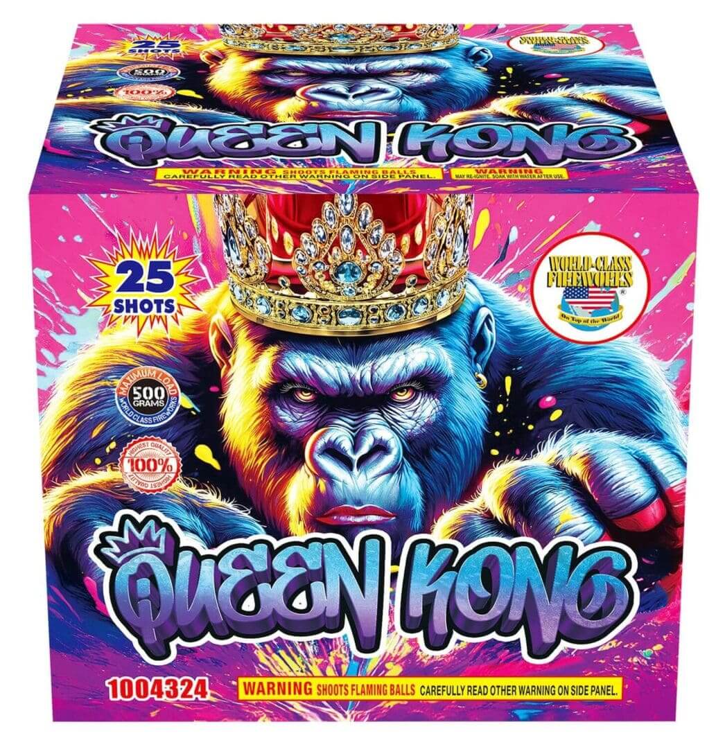 Colorful "Queen Kong" fireworks packaging design.