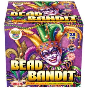Colorful jester-themed fireworks packaging, "Bead Bandit".