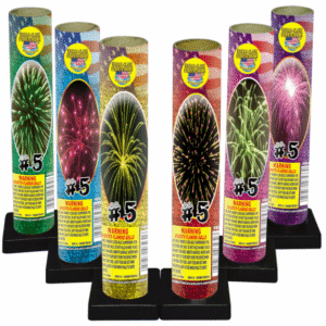 Firework tubes with colorful labels on display.