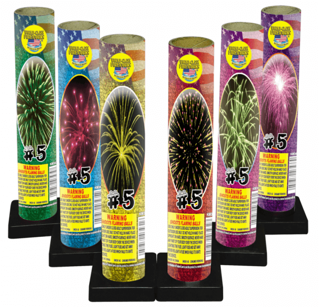 Firework tubes with colorful labels on display.