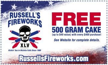 Russell's Fireworks promotion for free cake.