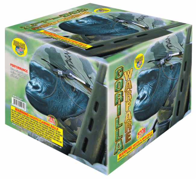 Gorilla-themed fireworks box with camouflage design.