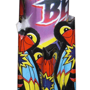 Colorful firework rocket with bee design.