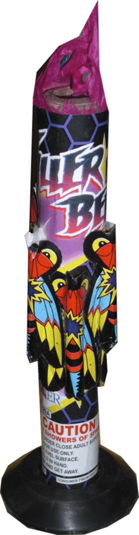 Colorful firework rocket with bee design.