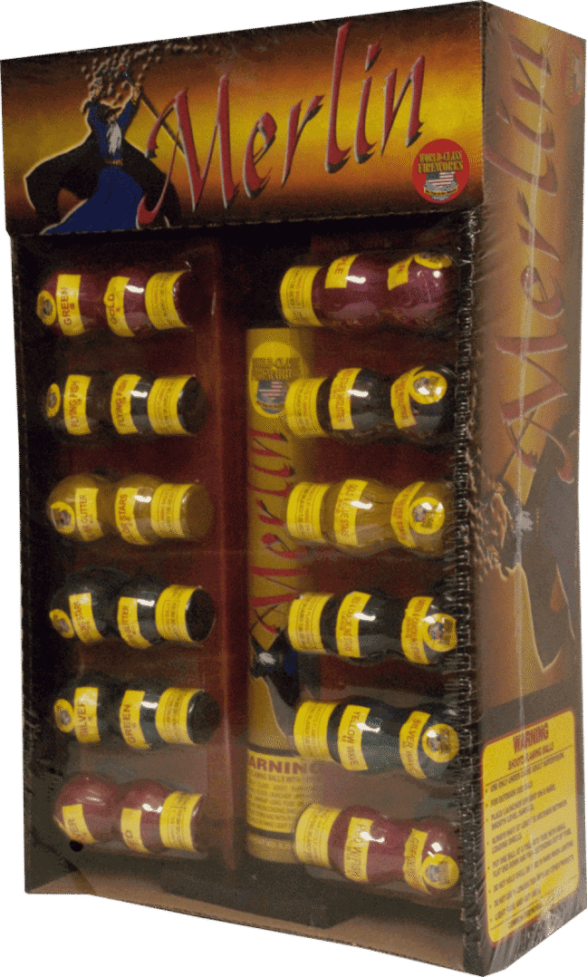 Merlin fireworks assortment package in display box.