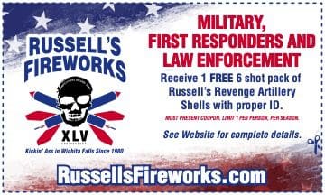 Russell's Fireworks promotion for military personnel.