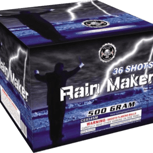 Fireworks box labeled "Rain Maker" with lightning.