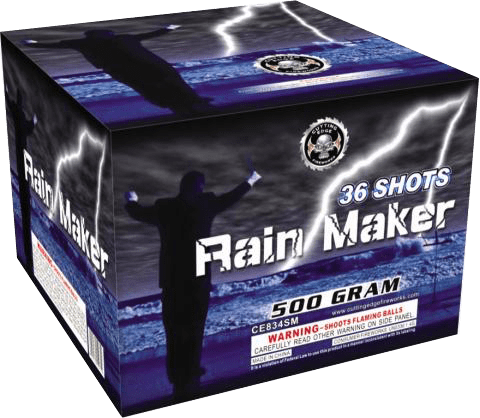 Fireworks box labeled "Rain Maker" with lightning.