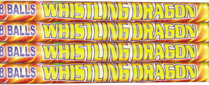 Fireworks packaging labeled "Whistling Dragon, 8 Balls".