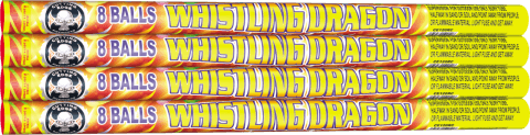Fireworks packaging labeled "Whistling Dragon, 8 Balls".