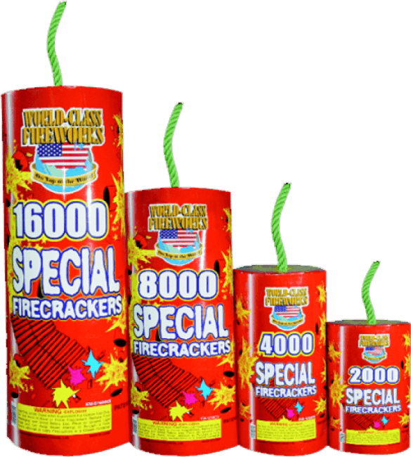 Red firecrackers with colorful labels and fuses.