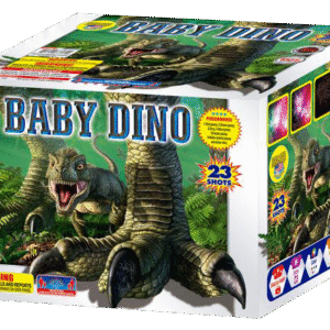 Fireworks box featuring a roaring baby dinosaur.