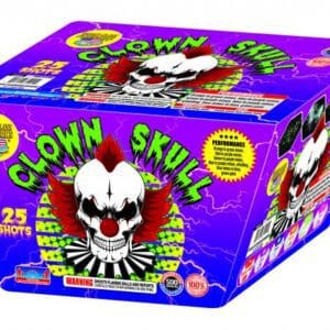 Purple fireworks box with clown skull design.