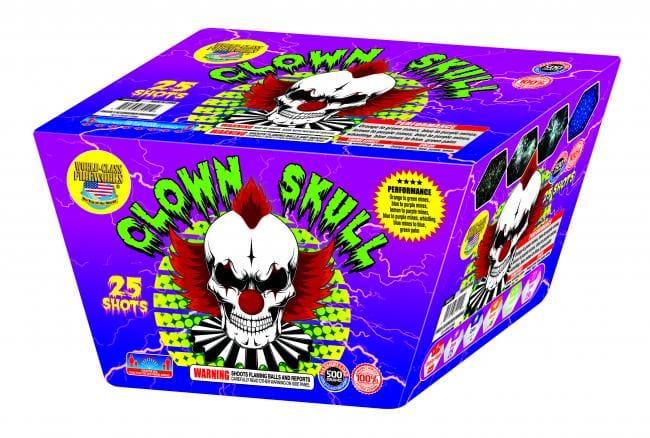Purple fireworks box with clown skull design.
