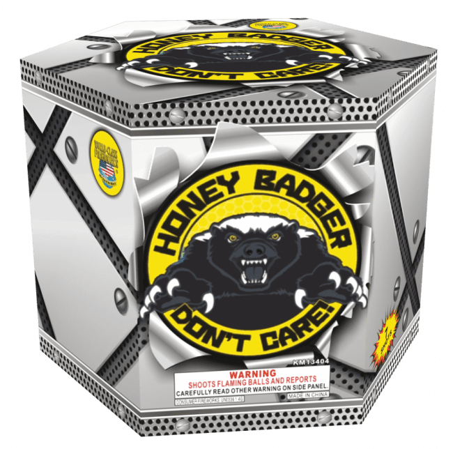 Honey Badger Don't Care fireworks packaging.