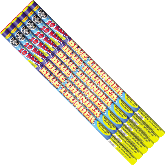 Blue Thunder fireworks in colorful packaging.