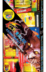 Fireworks assortment pack with colorful packaging.