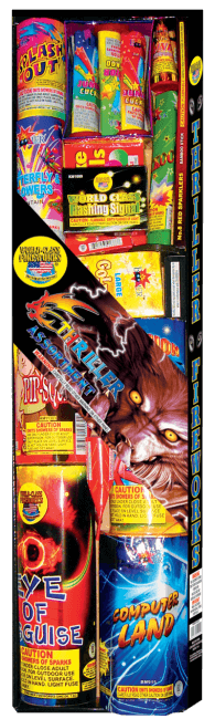 Fireworks assortment pack with colorful packaging.