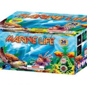 Fireworks box featuring marine life imagery.