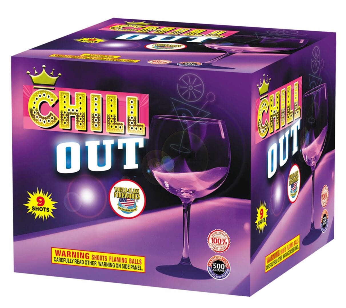 Purple "Chill Out" fireworks box packaging.