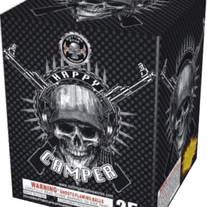 Black skull-adorned Happy Camper fireworks box