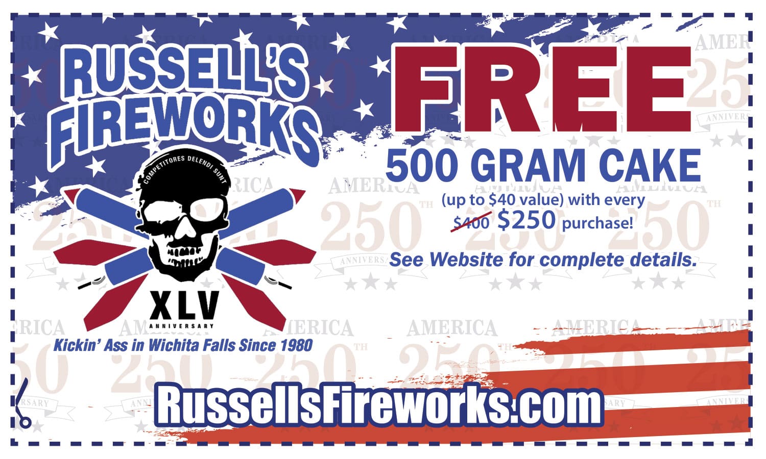 Russell's Fireworks ad: Free 500 gram cake
